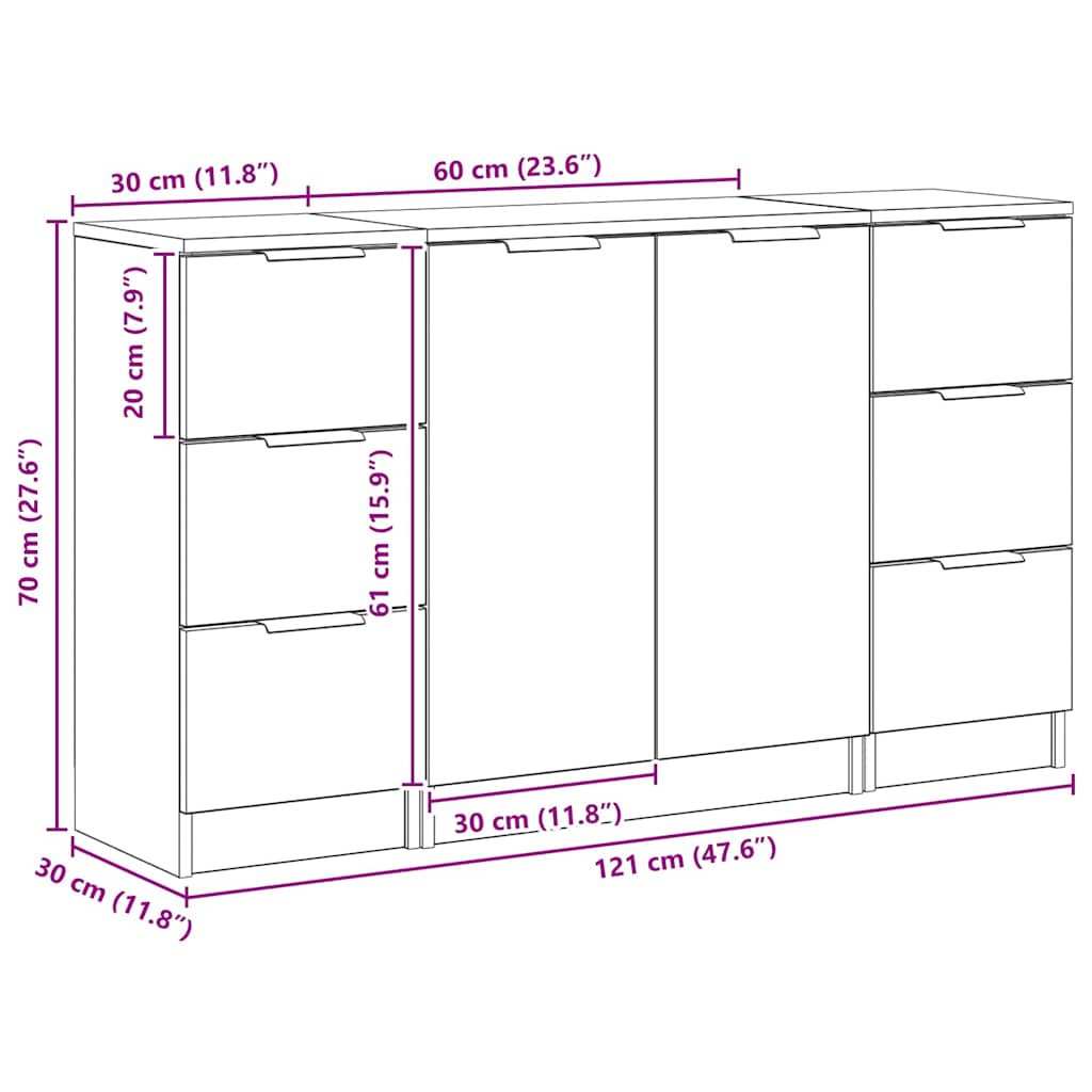 Dressoir 3 Pcs 121 X 30 X 70 Cm Bewerkt Hout