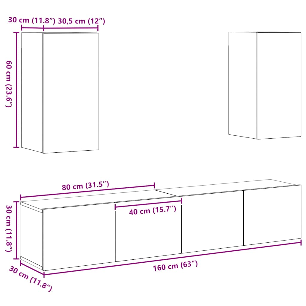 Tv-Meubelset 4 Pcs 160 X 30 X 30 Cm Bewerkt Hout