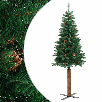 Kerstboom Met Echt Hout En Dennenappels Smal 150 Cm Pvc Groen