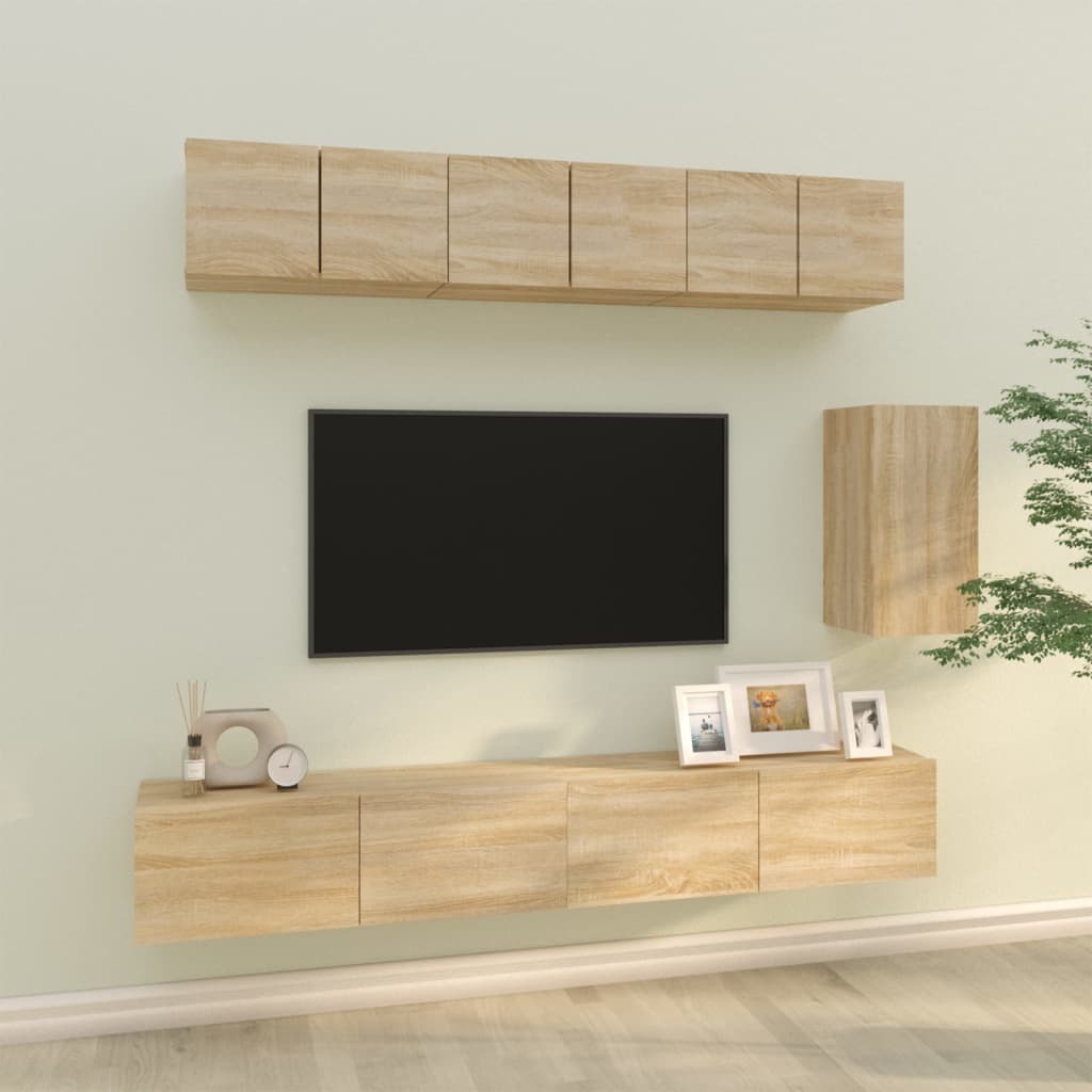 Tv-Meubelset Wandgemonteerd 6 Pcs Bewerkt Hout