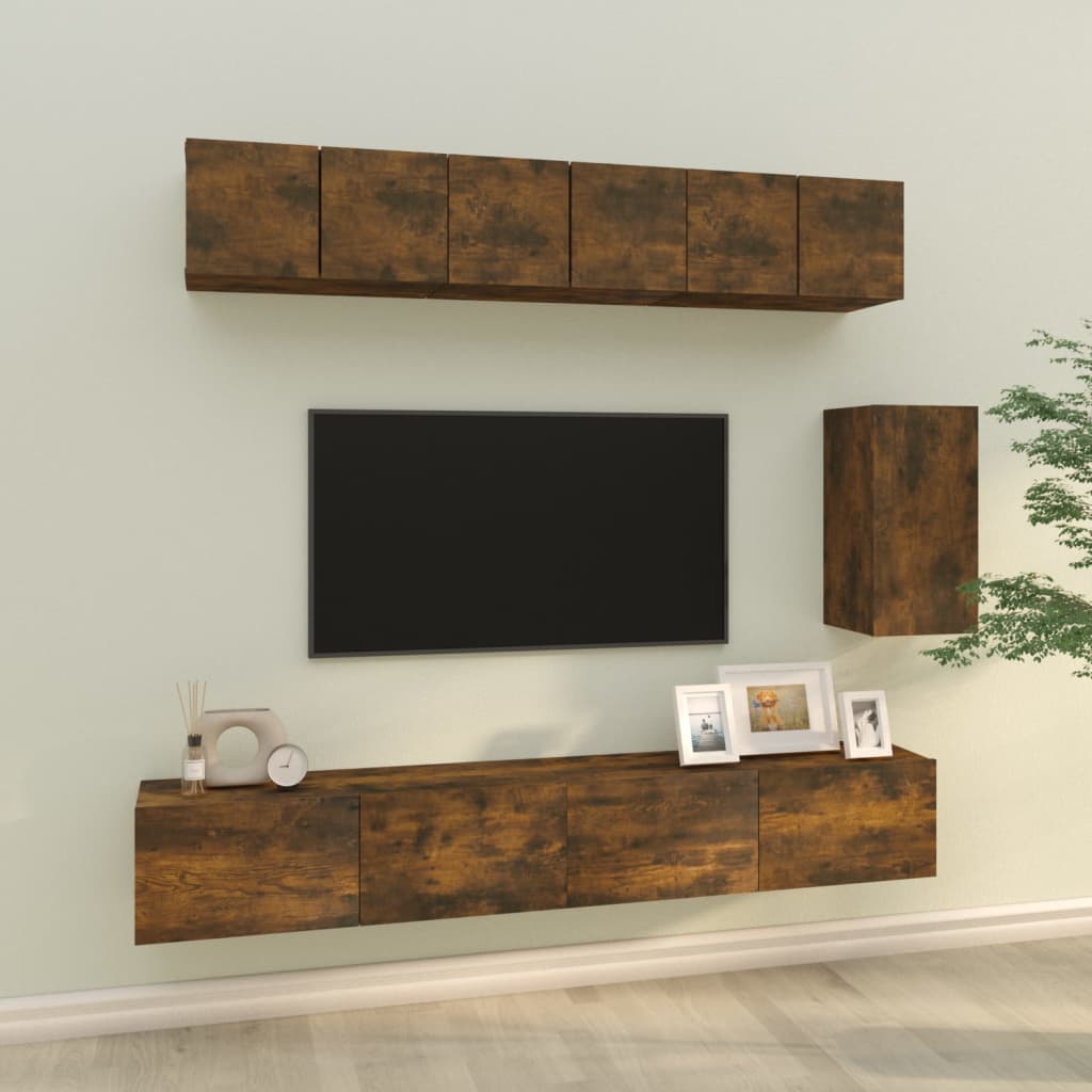 Tv-Meubelset Wandgemonteerd 6 Pcs Bewerkt Hout
