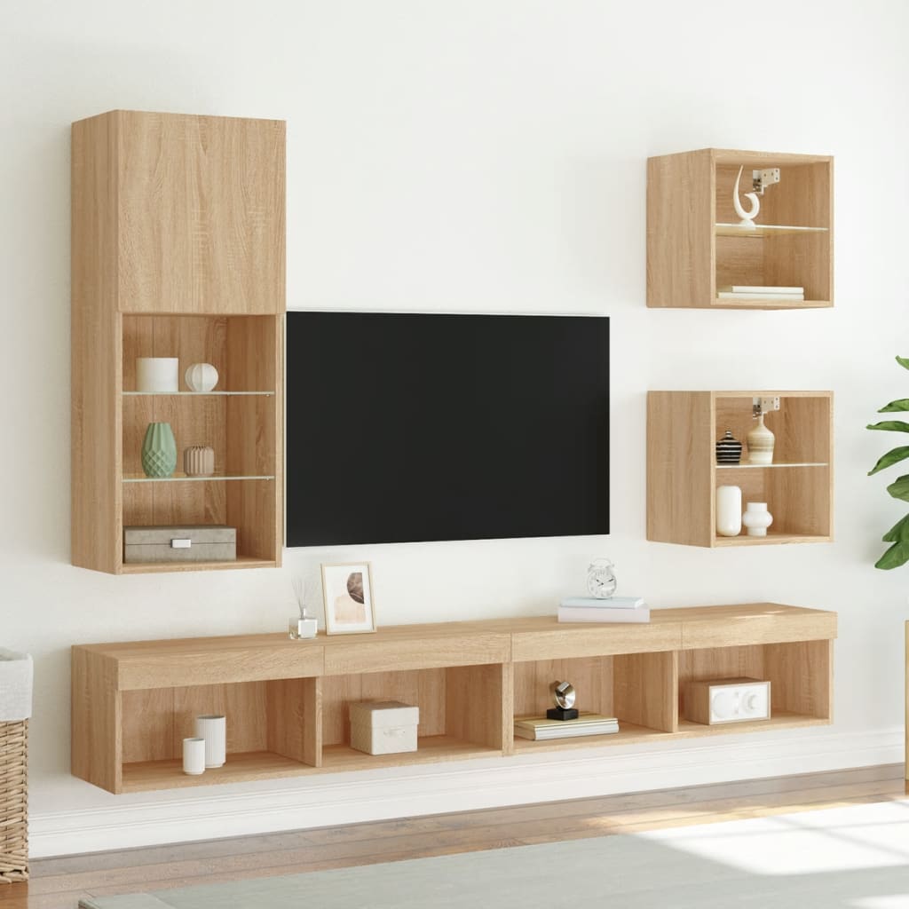 5-Delige Tv-Wandmeubelset Met Led Bewerkt Hout