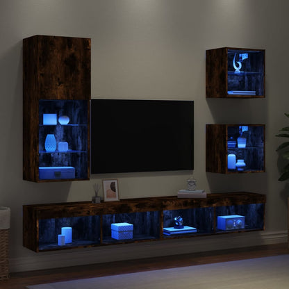 5-Delige Tv-Wandmeubelset Met Led Bewerkt Hout