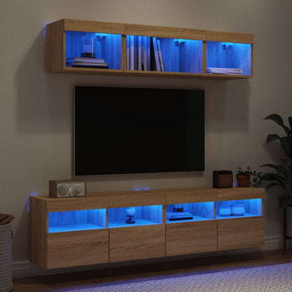5-Delige Tv-Wandmeubelset Met Led Bewerkt Hout