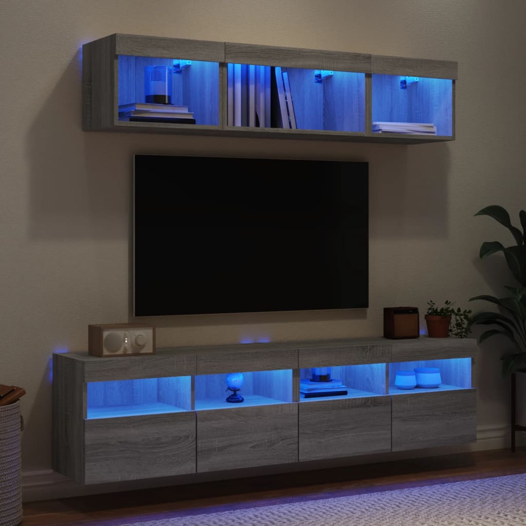 5-Delige Tv-Wandmeubelset Met Led Bewerkt Hout
