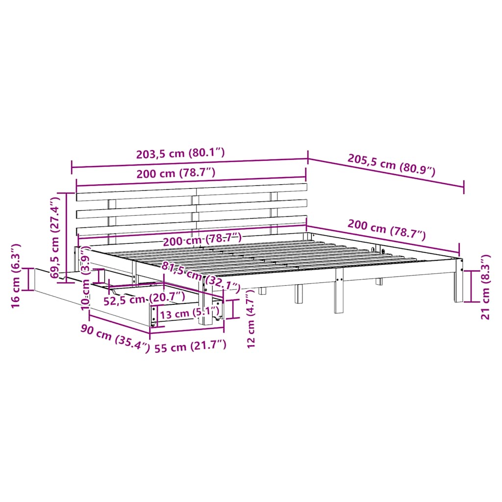 Bedframe Met Lades Massief Grenenhout