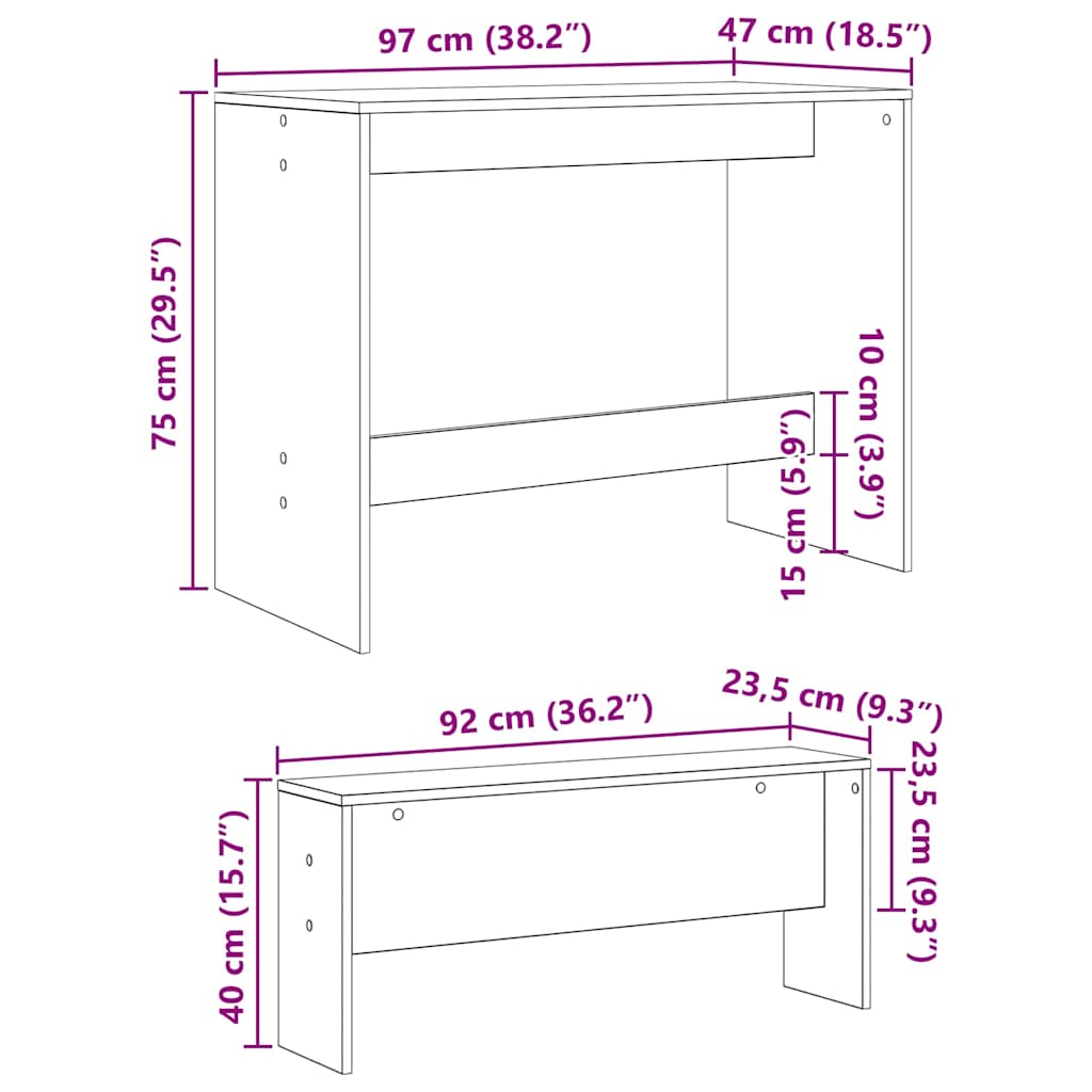 Eetkamerset 2 Pcs 97 X 47 X 75 Cm Bewerkt Hout